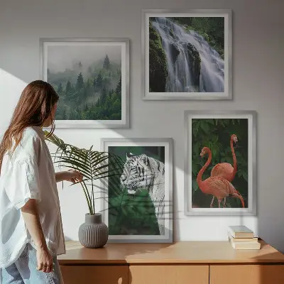 Vægkunst med vandfald, natur og flamingoer billedvæg til ophæng over sofaen