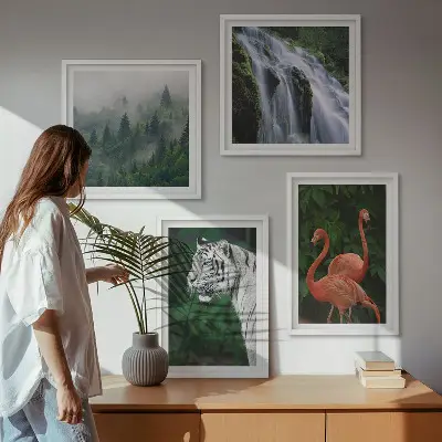 Vægkunst med vandfald, natur og flamingoer billedvæg til ophæng over sofaen