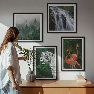 Vægkunst med vandfald, natur og flamingoer billedvæg til ophæng over sofaen