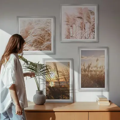 Boho græsmark solnedgang billedsæt med ramme