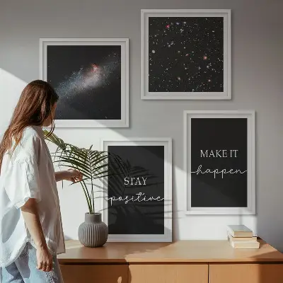 Billedvæg til over sofaen med motiverende slogans, stjerner og rumtempo