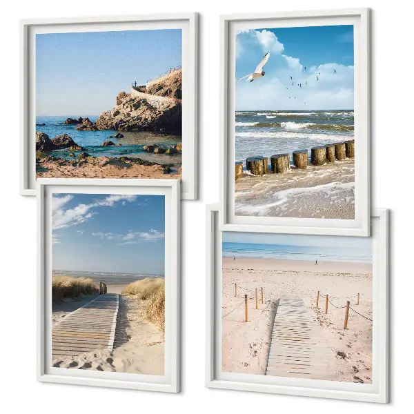 Billedvæg over sofa med motiv af strand, sand, bølger, himmel og fugle