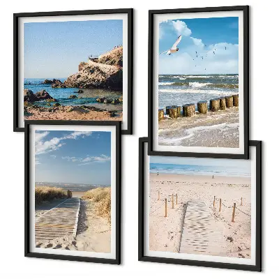 Billedvæg over sofa med motiv af strand, sand, bølger, himmel og fugle