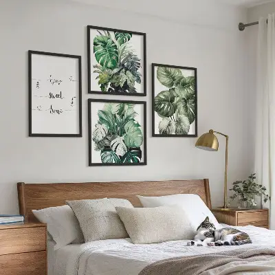 Akvarel Monstera blade billedsæt med ramme