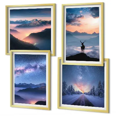 Billedsæt med ramme med motiv af nattehimmel, bjerge, tåge og hjorte