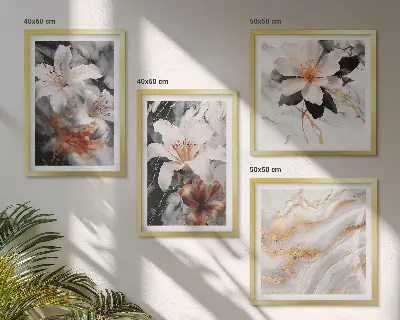 Billedvæg over sofa med blomster i hvid og sort marmor