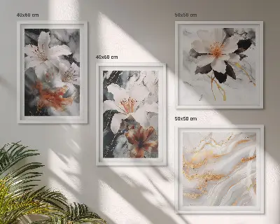 Billedvæg over sofa med blomster i hvid og sort marmor