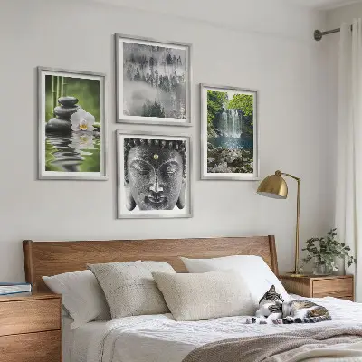 Billedvæg med Buddha og natursten motiv til ophæng over sofa