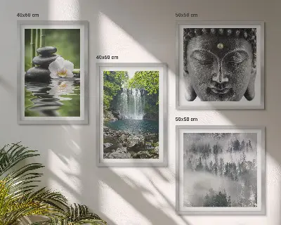 Billedvæg med Buddha og natursten motiv til ophæng over sofa