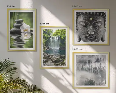 Billedvæg med Buddha og natursten motiv til ophæng over sofa