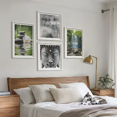 Billedvæg med Buddha og natursten motiv til ophæng over sofa