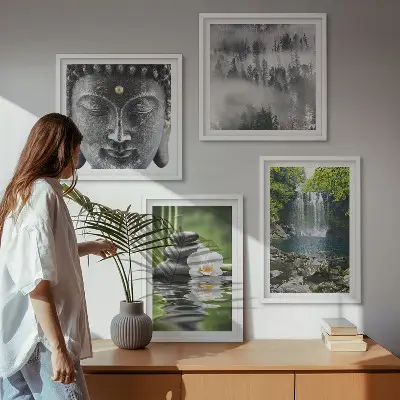 Billedvæg med Buddha og natursten motiv til ophæng over sofa