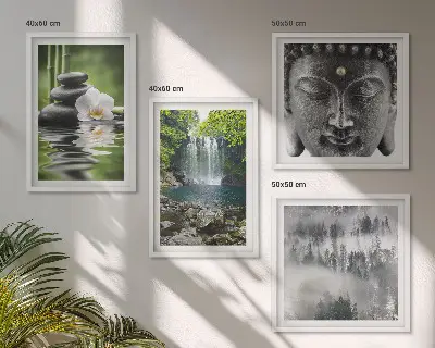 Billedvæg med Buddha og natursten motiv til ophæng over sofa