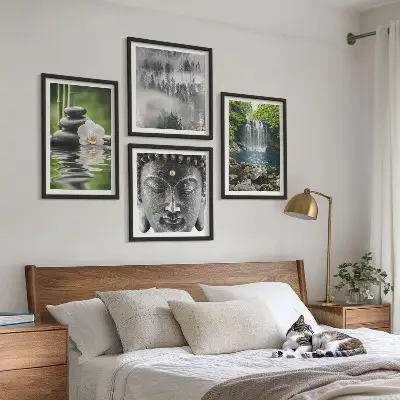 Billedvæg med Buddha og natursten motiv til ophæng over sofa