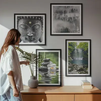 Billedvæg med Buddha og natursten motiv til ophæng over sofa