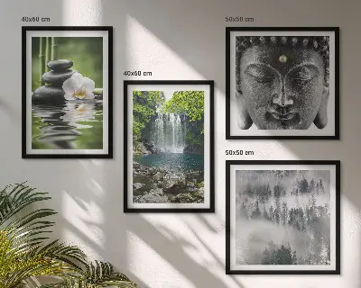 Billedvæg med Buddha og natursten motiv til ophæng over sofa