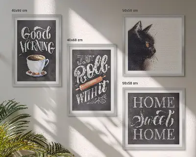 Billedvæg til over sofaen med katte- og køkkentema