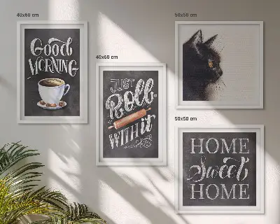 Billedvæg til over sofaen med katte- og køkkentema