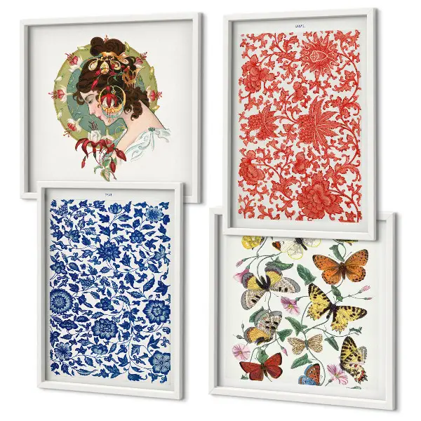 Billedsæt med ramme vintage blomster og sommerfugle ornamenter