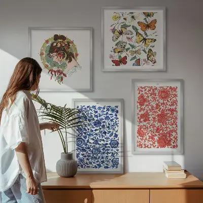 Billedsæt med ramme vintage blomster og sommerfugle ornamenter