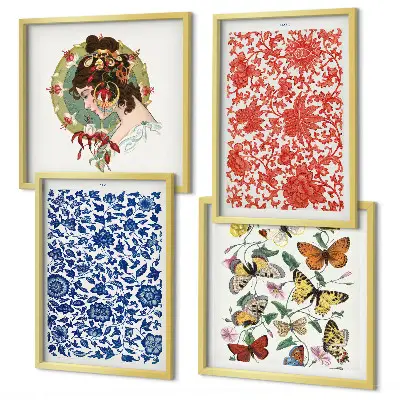 Billedsæt med ramme vintage blomster og sommerfugle ornamenter