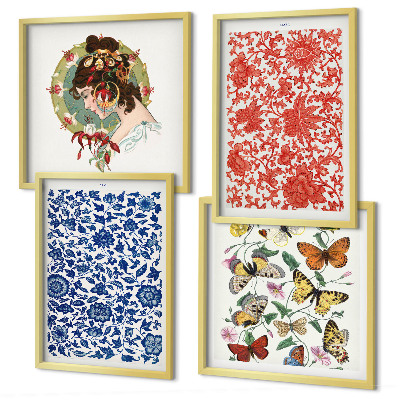 Billedsæt med ramme Vintage blomster sommerfugle ornamenter