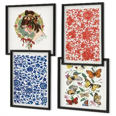 Billedsæt med ramme vintage blomster og sommerfugle ornamenter