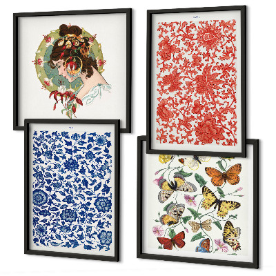 Billedsæt med ramme Vintage blomster sommerfugle ornamenter