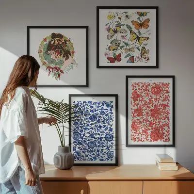 Billedsæt med ramme vintage blomster og sommerfugle ornamenter