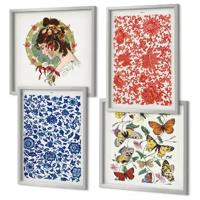 Billedsæt med ramme vintage blomster og sommerfugle ornamenter