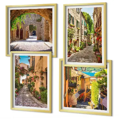 Billedvæg over sofa med italienske gader, blomster og arkitektur