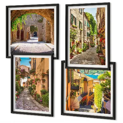 Billedvæg over sofa med italienske gader, blomster og arkitektur