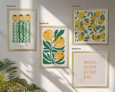 Billedvæg til over sofaen med plantemønstre og blomster