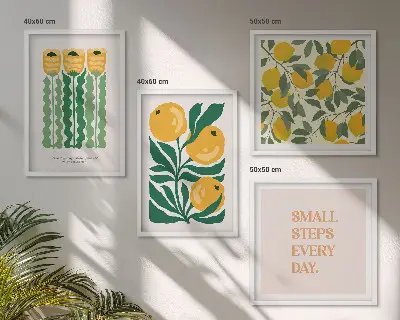 Billedvæg til over sofaen med plantemønstre og blomster