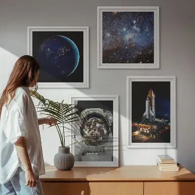 Rum og planeter plakat med ramme astronaut og raket motiv