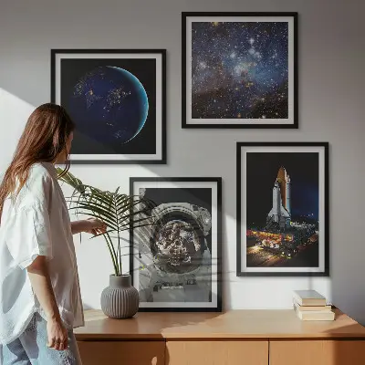 Rum og planeter plakat med ramme astronaut og raket motiv