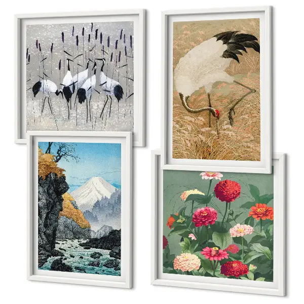 Billedvæg over sofa med motiv af bjerge, flod, blomster og traner