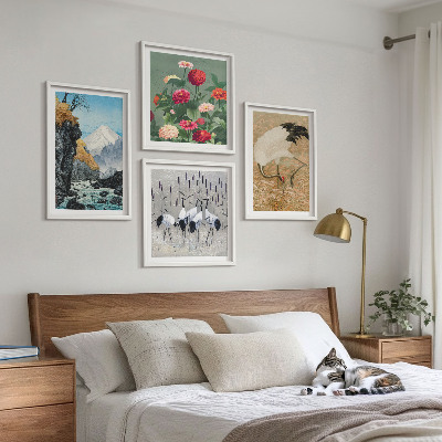 Billedvæg over sofa Bjerge, flod, blomster, traner