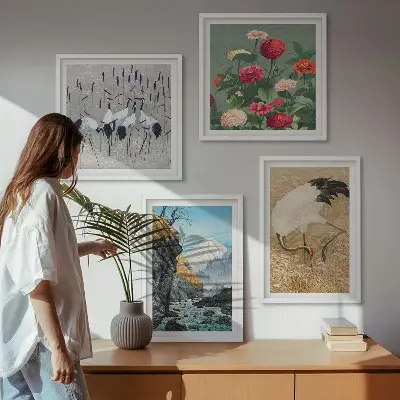 Billedvæg over sofa med motiv af bjerge, flod, blomster og traner