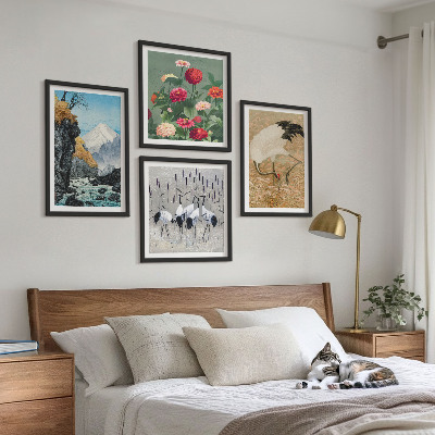 Billedvæg over sofa Bjerge, flod, blomster, traner