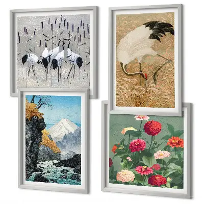 Billedvæg over sofa med motiv af bjerge, flod, blomster og traner