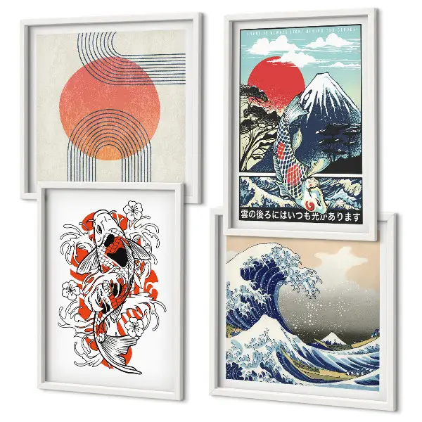 Billedvæg over sofa med japanske illustrationer af bjerge og fiskebølger