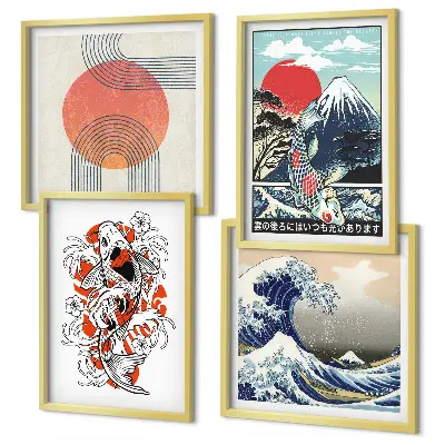 Billedvæg over sofa med japanske illustrationer af bjerge og fiskebølger