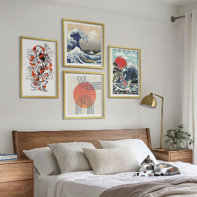 Billedvæg over sofa Illustrationer af bjerge af fiskebølger i Japan