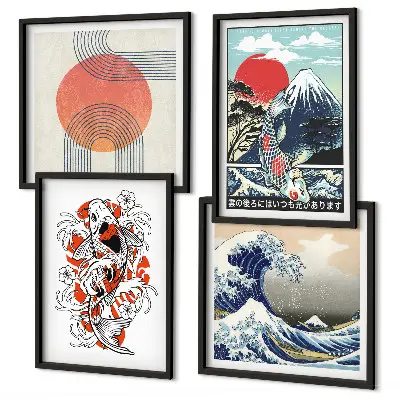 Billedvæg over sofa med japanske illustrationer af bjerge og fiskebølger