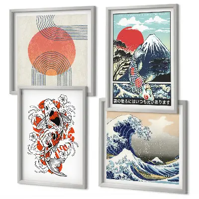 Billedvæg over sofa med japanske illustrationer af bjerge og fiskebølger