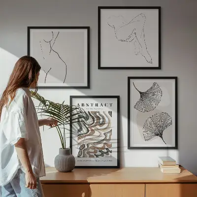 Abstrakte boho bladformer billedsæt med ramme