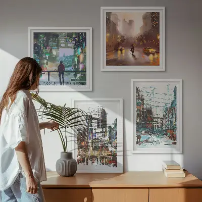 Moderne farverige byer med karakterer billedsæt med ramme