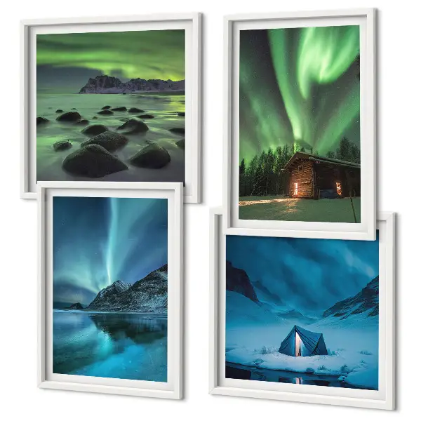 Billedsæt med ramme vinterlandskaber med aurora og bjerge