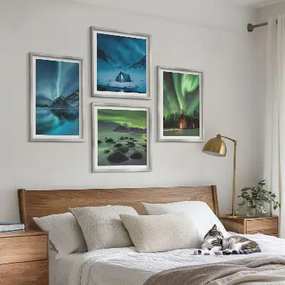 Billedsæt med ramme vinterlandskaber med aurora og bjerge